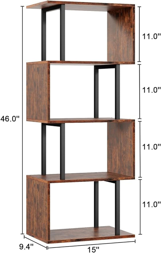Furologee 5-Tier Bookshelf, S-Shaped Geometric Bookcase, Narrow Freestanding Display Shelves, Modern Wood Decorative Storage Shelving Rack for Bedroom, Living Room, Home Office, Rustic Brown - LeafyLoom