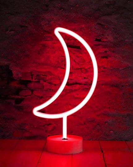 LED Moon Neon Signs, Crescent Night Lights USB Battery Operated Moon Lamp for Birthday Party, Wedding, Halloween, Christmas Decorations-Moon with Holder Base(Red) - LeafyLoom