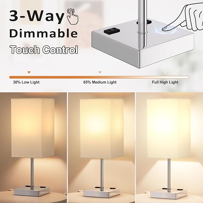 Touch Bedside Table Lamp For Nightstand - 3-Way Dimmable Night Lamp with USB A + Type C Charging Ports and two AC Outlets, Small Desk Light with E26 LED Bulb for Bedroom Living Room, WHITE PLUS - LeafyLoom