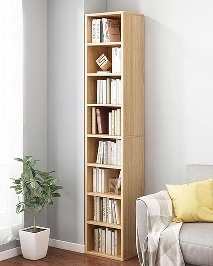 IOTXY Small Narrow Corner Bookcase - 71 Inches Tall Gap Freestanding Storage Cabinet, 8 Lattices Open Shelves Tower Rack, Cubes Bookshelf in Oak - LeafyLoom