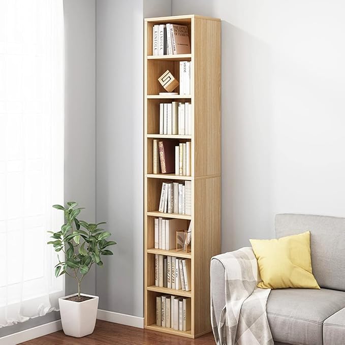 IOTXY Small Narrow Corner Bookcase - 71 Inches Tall Gap Freestanding Storage Cabinet, 8 Lattices Open Shelves Tower Rack, Cubes Bookshelf in Oak - LeafyLoom