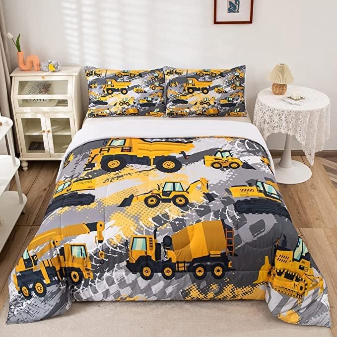 Feelyou Boys Construction Bedding Set King Size Comforter for Boys Kids Tractor Comforter Set Toddler Construction Decorations Car Bed for Boys Cartoon Excavator Trucks Quilt Set with 2 Pillow Cases - LeafyLoom