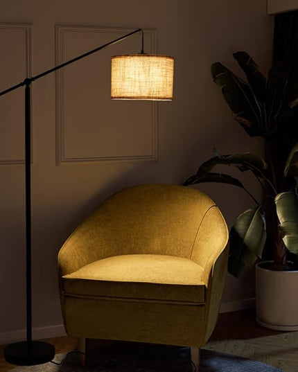 SURAIELEC Arc Floor Lamp, Overhang Cantilever Standing Floor Lamp for Couch, Sofa, Reading, Living Room, Bedroom, Adjustable Balance Arm, Natural Linen Drum Shade, Matt Black Metal Pole, Foot Switch - LeafyLoom