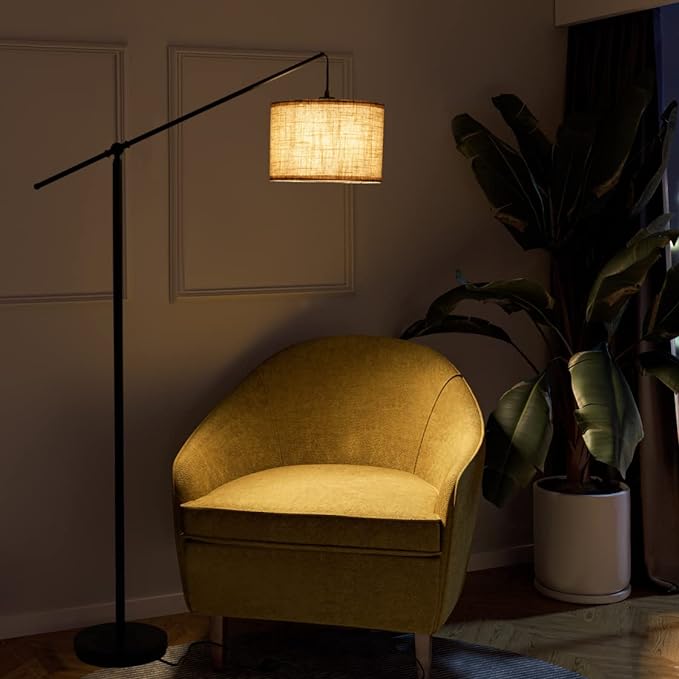 SURAIELEC Arc Floor Lamp, Overhang Cantilever Standing Floor Lamp for Couch, Sofa, Reading, Living Room, Bedroom, Adjustable Balance Arm, Natural Linen Drum Shade, Matt Black Metal Pole, Foot Switch - LeafyLoom