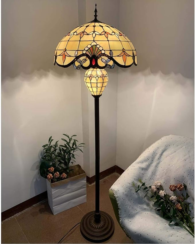 Bieye L10803 Baroque Tiffany Style Stained Glass Double Lit Floor Lamp for Home Decor 64-inch Tall (20-inch Wide, Cream) - LeafyLoom