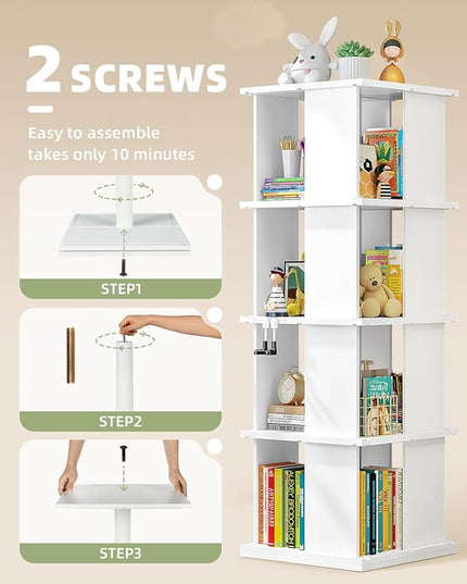 Rotating Bookshelf, 4-Shelf 360° Solid Wood Book shelf Tower, Stackable Revolving Bookcase Organizer for Living Room, Bedroom, Study(White 4 Tier) - LeafyLoom