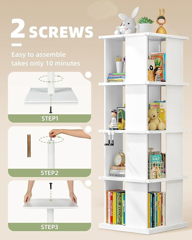 Rotating Bookshelf, 4-Shelf 360° Solid Wood Book shelf Tower, Stackable Revolving Bookcase Organizer for Living Room, Bedroom, Study(White 4 Tier) - LeafyLoom