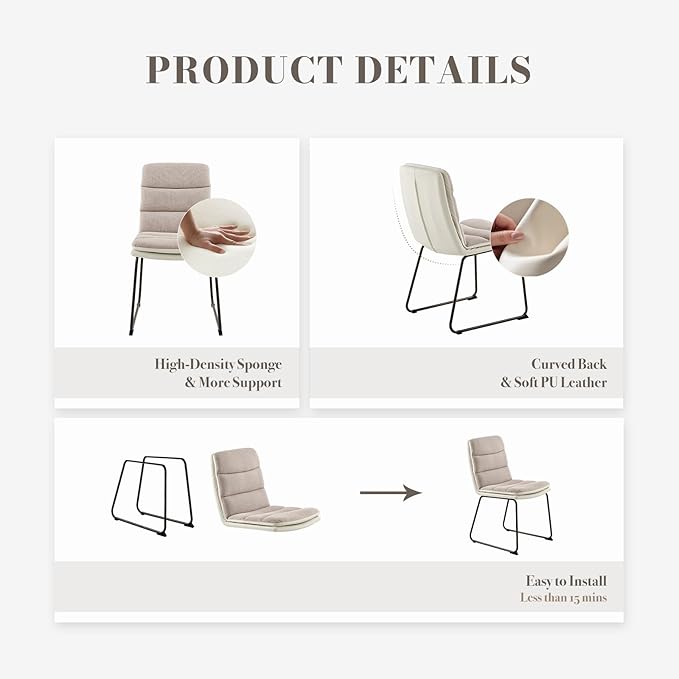 Dining Chairs Set of 2, Upholstered Dining Room Kitchen Chairs with Metal Legs, Modern Fabric PU Leather Side Chairs for Home Office, Light Brown - LeafyLoom