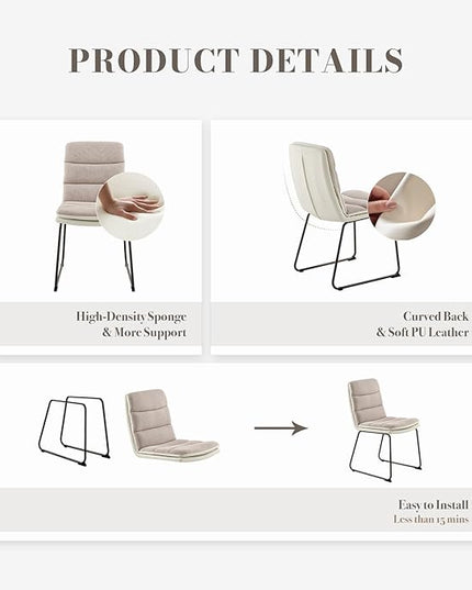 Dining Chairs Set of 6, Upholstered Dining Room Kitchen Chairs with Metal Legs, Modern Fabric PU Leather Side Chairs for Home Office, Light Brown - LeafyLoom