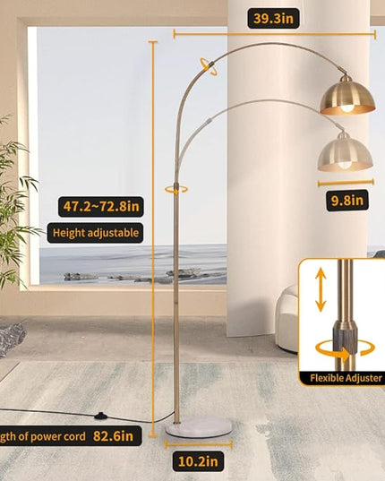 Modern 72in Arc floor lamps,Task Light, metal dome lampshade, marble base, adjustable high standing lighting, suitable for reading corner lamp in living room, study, office, hotel, and bedroom (Gold) - LeafyLoom
