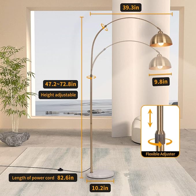 Modern 72in Arc floor lamps,Task Light, metal dome lampshade, marble base, adjustable high standing lighting, suitable for reading corner lamp in living room, study, office, hotel, and bedroom (Gold) - LeafyLoom