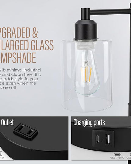 Yarra-Decor Industrial Bedside Table Lamp Set of 2 3-Way Dimmable Lamps for Bedroom Modern USB Nightstand Lamp with Glass Shade Reading Table Lamps for Office, Dorm (LED Bulb Included) - LeafyLoom