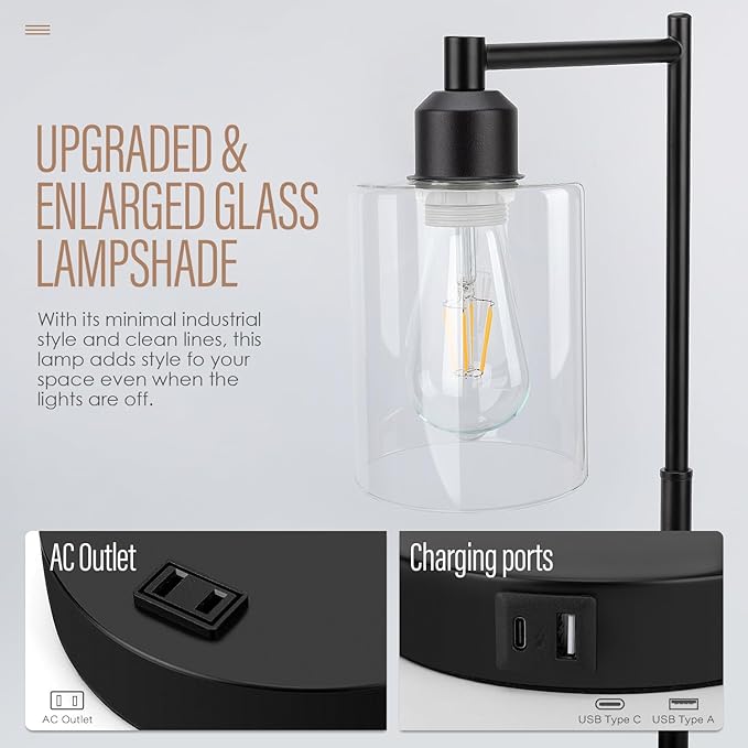 Yarra-Decor Industrial Bedside Table Lamp Set of 2 3-Way Dimmable Lamps for Bedroom Modern USB Nightstand Lamp with Glass Shade Reading Table Lamps for Office, Dorm (LED Bulb Included) - LeafyLoom