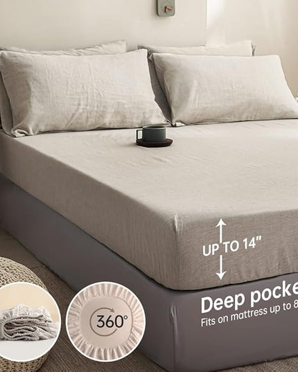 Simple&Opulence 100% Linen Sheet Set Solid Color- 6 Pcs Washed French Flax Bed Sheets (1 Flat Sheet, 1 Fitted Sheet, 4 Pillowcases) - Breathable Home Collection (Basic Linen, King) - LeafyLoom