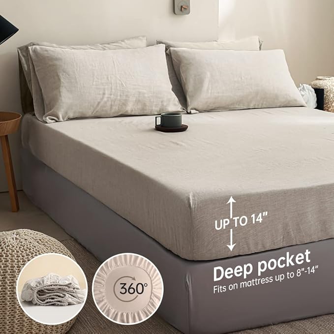 Simple&Opulence 100% Linen Sheet Set Solid Color- 6 Pcs Washed French Flax Bed Sheets (1 Flat Sheet, 1 Fitted Sheet, 4 Pillowcases) - Breathable Home Collection (Basic Linen, King) - LeafyLoom