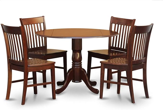 East West Furniture DLNO5-MAH-W Dublin 5 Piece Room Set Includes a Round Dining Table with Dropleaf and 4 Wood Seat Chairs, 42x42 Inch - LeafyLoom