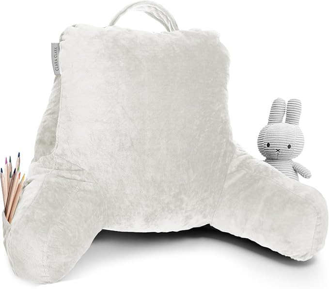 Clara Clark Reading Pillow for Kids, Small Back Pillow for Sitting Up in Bed, Memory Foam Back Support Pillow, Reading Pillows for Sitting in Bed, White Gaming Pillow for Bed with Arms and Pockets - LeafyLoom