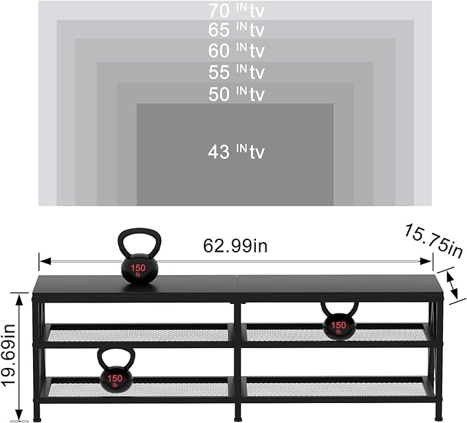 TV Stand for TV up to 70 Inch, Long 63" TV Cabinet with 3-Tier Storage Shelves,Entertainment Center TV Console Table for Living Room with Industrial TV Metal Frame, Black Oak - LeafyLoom