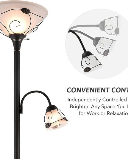 VONLUCE Torchiere Floor Lamp with Side Reading Light, 3-Way Switch Combo Antique Bronze Mother Daughter Floor Lamp with Glass Shade, 71" Desk Floor Lamp for Living Room Corner Bedroom Home Office - LeafyLoom