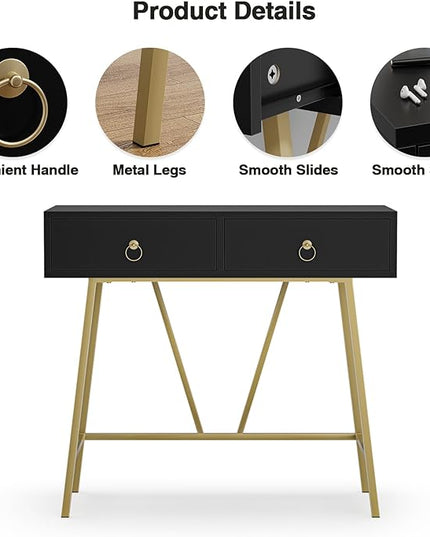 Anmytek Home Office Desk Black Writing Desk with 2 Drawers Modern & Simple Makeup Vanity Study Table Small Computer Desk, D0007 - LeafyLoom