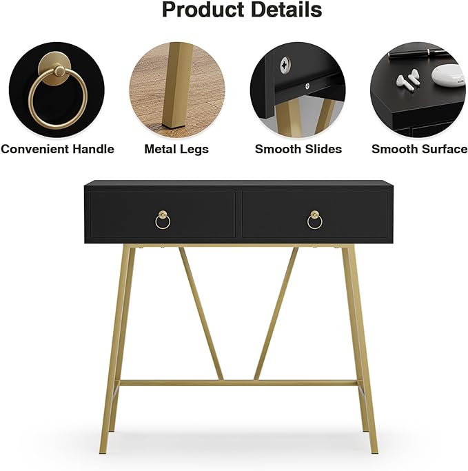Anmytek Home Office Desk Black Writing Desk with 2 Drawers Modern & Simple Makeup Vanity Study Table Small Computer Desk, D0007 - LeafyLoom
