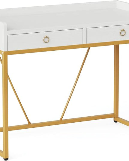 Tribesigns White Gold Computer Desk with 2 Drawers, Modern Desk 41.3 inch Simple Study Writing Desks with Storage, White Gold Makeup Vanity Desk for Home Office Bedroom Console Table - LeafyLoom