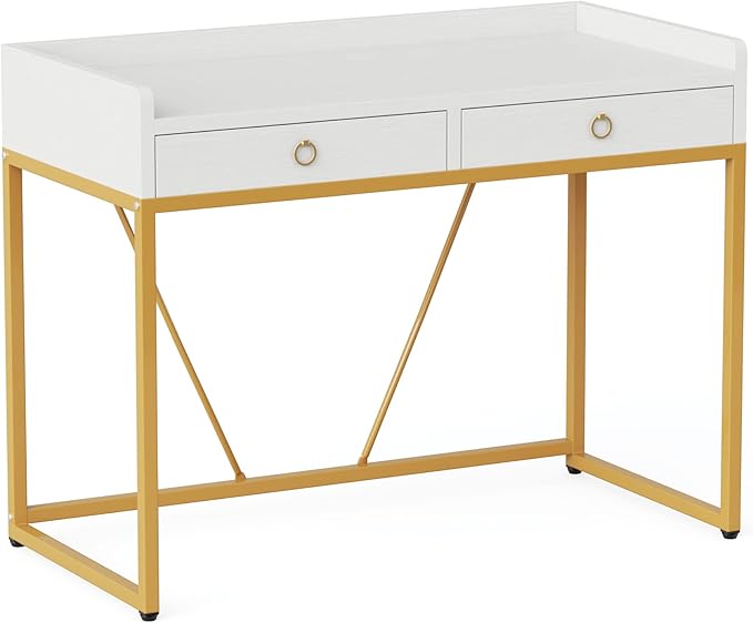 Tribesigns White Gold Computer Desk with 2 Drawers, Modern Desk 41.3 inch Simple Study Writing Desks with Storage, White Gold Makeup Vanity Desk for Home Office Bedroom Console Table - LeafyLoom
