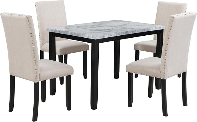RITSU SONGG 5 Piece Faux Marble Dining Set with Four Thicken Cushion Chairs, Home Kitchen Furniture for 4 People, Family Candlelight Dinner Tables for Diningroom, Living Room, Beige+Black - LeafyLoom
