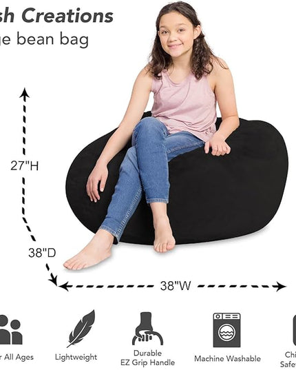 Posh Creations Bean Bag Chair for Kids, Teens, and Adults Includes Removable and Machine Washable Cover, Soft Faux Rabbit Fur - Black, 38in - Large - LeafyLoom
