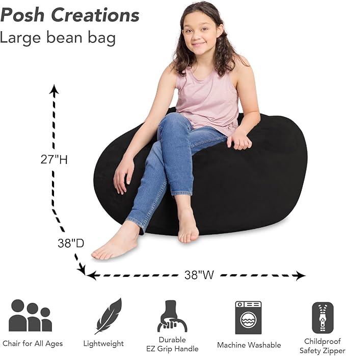 Posh Creations Bean Bag Chair for Kids, Teens, and Adults Includes Removable and Machine Washable Cover, Soft Faux Rabbit Fur - Black, 38in - Large - LeafyLoom
