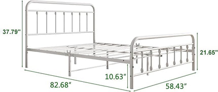 Vintage Queen Size Bed Frame with Headboard and Footboard Mattress Heavy Duty Metal Platform Bed Frame Steel Slat Support (Queen, White) - LeafyLoom