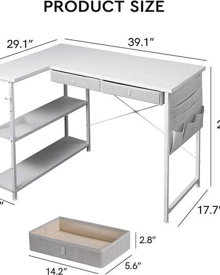 Small Desk with Drawers, 39" Corner Desk with Storage, Computer Desk with Shelves and Side Pouch, Study Table for Small Space with Storage, Corner L Shaped Desk for Home Office Bedroom, White - LeafyLoom