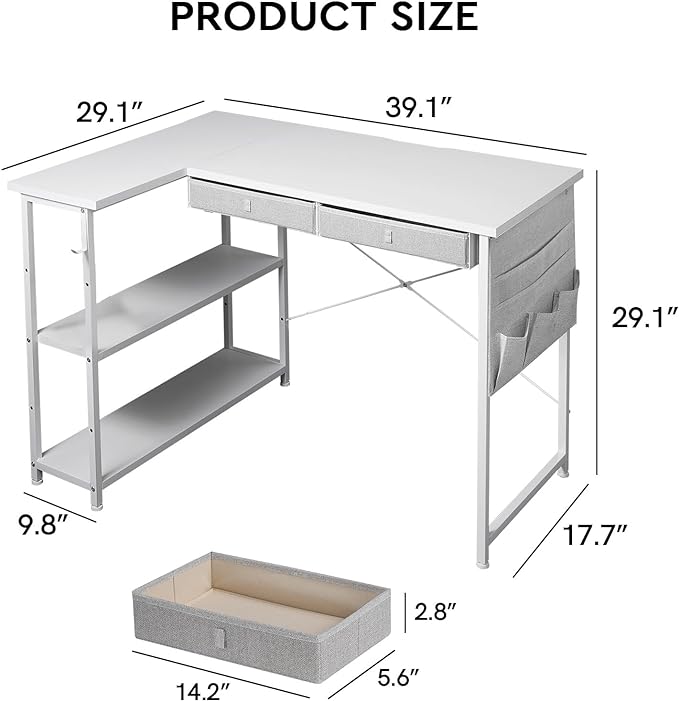 Small Desk with Drawers, 39" Corner Desk with Storage, Computer Desk with Shelves and Side Pouch, Study Table for Small Space with Storage, Corner L Shaped Desk for Home Office Bedroom, White - LeafyLoom