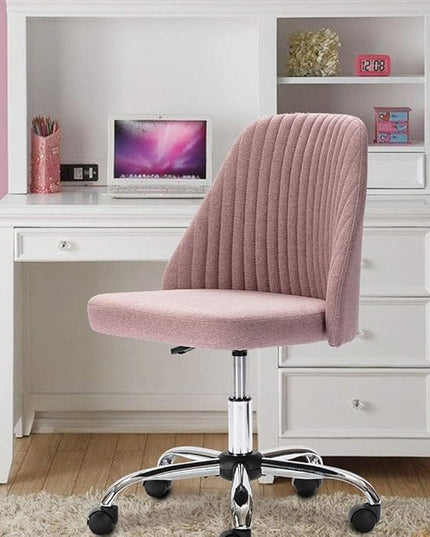 HOMEFLA Home Office Modern Linen Swivel Task Upholstered Fabric Desk Chair Armless with Wheels, Middle, Pink - LeafyLoom