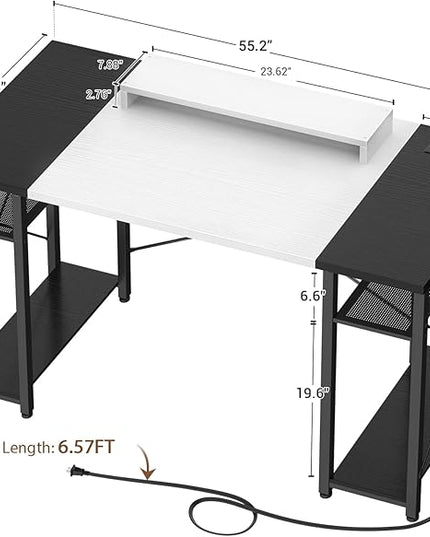 armocity Computer Desk, 55 Inch Desk with Power Outlet and USB, Reversible Large Desk with Moveable Monitor Stand, Industrial Gaming PC Table for Home Office, Workstation, White and Black - LeafyLoom