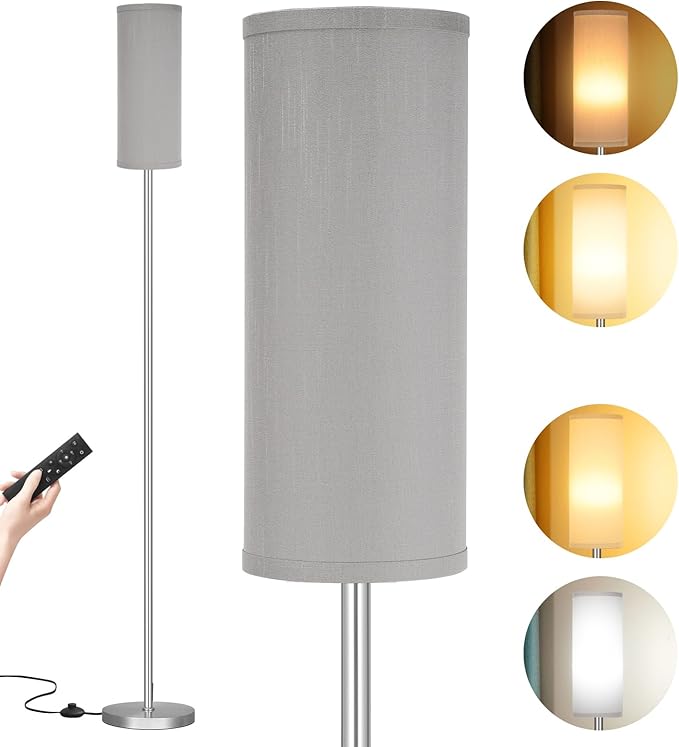Ambimall Floor Lamps for Living Room, Modern Silver Floor Lamp with Remote Control and Stepless Dimmable Colors Temperature & Brightness (9W Bulb Included, Grey Lampshade) - LeafyLoom