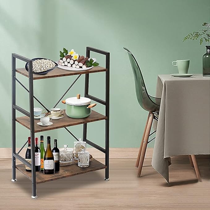 TooCust 3 Tier Bookshelf, 37" x 23" x 12.6", 3 Tier Bookcase, 3 Shelf Bookshelf, Vintage Standing Metal Frame Book Shelves, Small Bookshelf, Rustic Brown - LeafyLoom