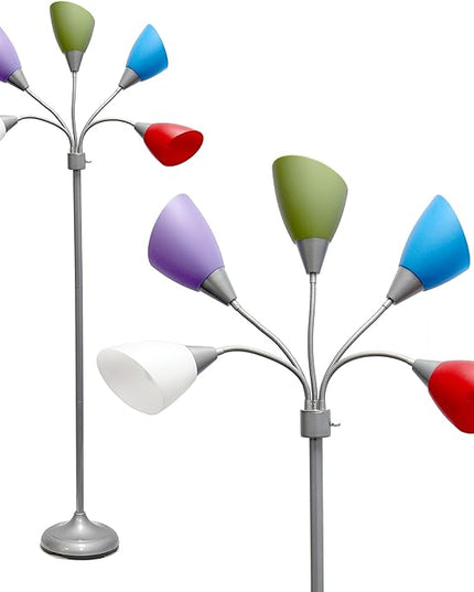 Simple Designs LF2006-SDM 67" Contemporary Multi Head Medusa 5 Light Adjustable Gooseneck Silver Floor Lamp with Primary Dark Multicolored Shades for Kids Bedroom Playroom Living Room Office - LeafyLoom