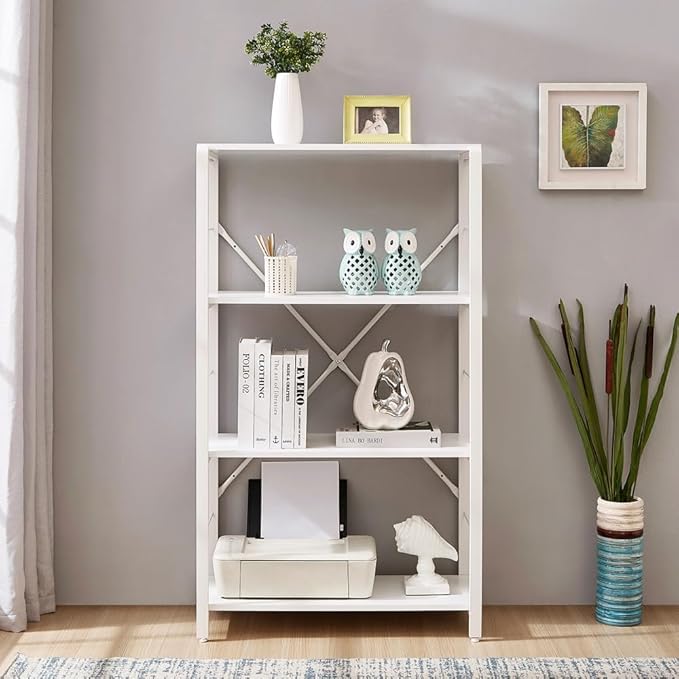 Rustic Bookshelf and Bookcase, Industrial Metal and Wood Book Shelves, 4-tier Shelving Unit for Living Room Bedroom, White Oak - LeafyLoom
