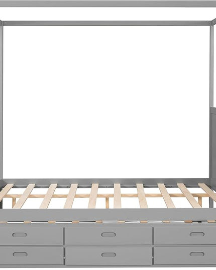 Queen Size Canopy Platform Bed with Twin Trundle and Three Storage Drawers, Wooden Daybed Frame Beds for Kids Teens Boys Girls,Gray - LeafyLoom