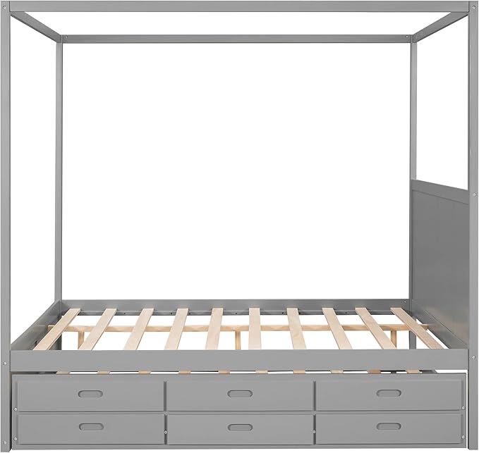 Queen Size Canopy Platform Bed with Twin Trundle and Three Storage Drawers, Wooden Daybed Frame Beds for Kids Teens Boys Girls,Gray - LeafyLoom