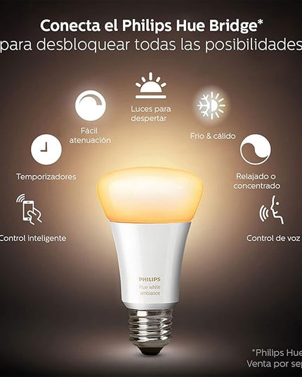 Philips Hue Smart 100W A21 LED Bulb - White Ambiance Warm-to-Cool White Light - 1 Pack - 1600LM & Smart 75W A19 LED Bulb - White and Color Ambiance Color-Changing Light - 1 Pack Philips+Hue