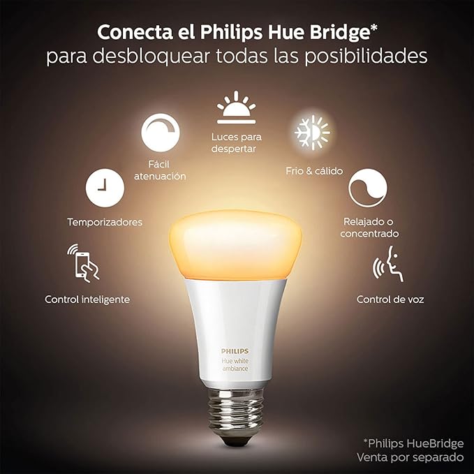 Philips Hue Smart 100W A21 LED Bulb - White Ambiance Warm-to-Cool White Light - 1 Pack - 1600LM & Smart 75W A19 LED Bulb - White and Color Ambiance Color-Changing Light - 1 Pack Philips+Hue