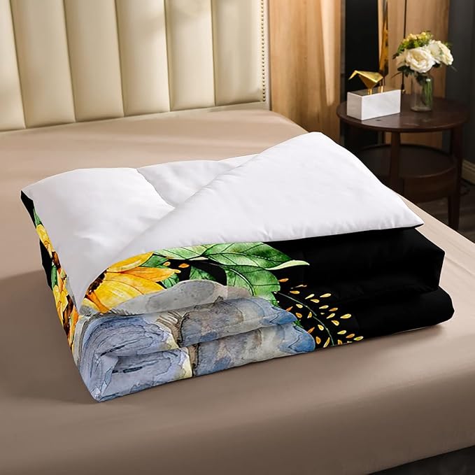 Elephant Comforter Set, Yellow Sunflower Down Comforter Full Size for Kids Girls Teens Adult Bedroom Decor, African Safari Animal Duvet Sets Floral Petal Country Bedding Set with 2 Pillow Cases - LeafyLoom