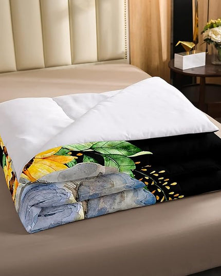 Elephant Comforter Set, Yellow Sunflower Down Comforter King Size for Kids Girls Teens Adult Bedroom Decor, African Safari Animal Duvet Sets Floral Petal Country Bedding Set with 2 Pillow Cases - LeafyLoom