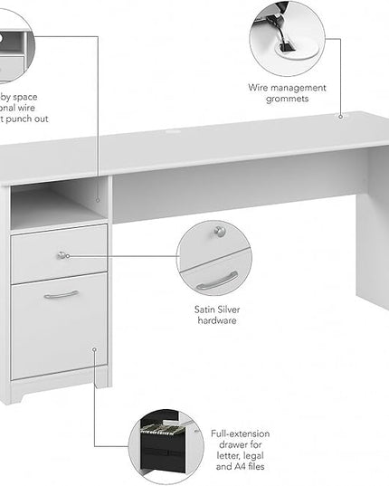 Bush Furniture Cabot Desks for Home Office with Storage and Chrome Hardware | Elegant Computer Table with Drawers, 72W, White - LeafyLoom