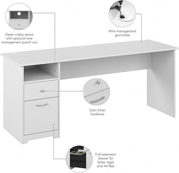 Bush Furniture Cabot Desks for Home Office with Storage and Chrome Hardware | Elegant Computer Table with Drawers, 72W, White - LeafyLoom