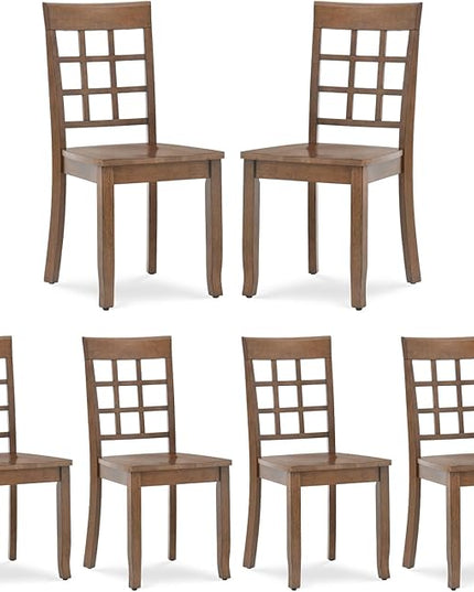 COLAMY Wooden Dining Chairs Set of 6, Nine-Square High Back Kitchen Side Chair, Farmhouse Dining Chairs for Kitchen and Dining Room, Light Brown - LeafyLoom