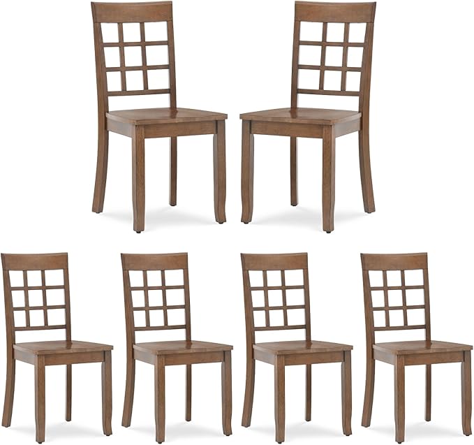 COLAMY Wooden Dining Chairs Set of 6, Nine-Square High Back Kitchen Side Chair, Farmhouse Dining Chairs for Kitchen and Dining Room, Light Brown - LeafyLoom