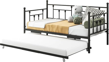 Twin Daybed with Trundle/Steel Slat Support/Space Saving Trundle Bed and Multi-Functional Furniture for Living Room and Guest Room, Black - LeafyLoom